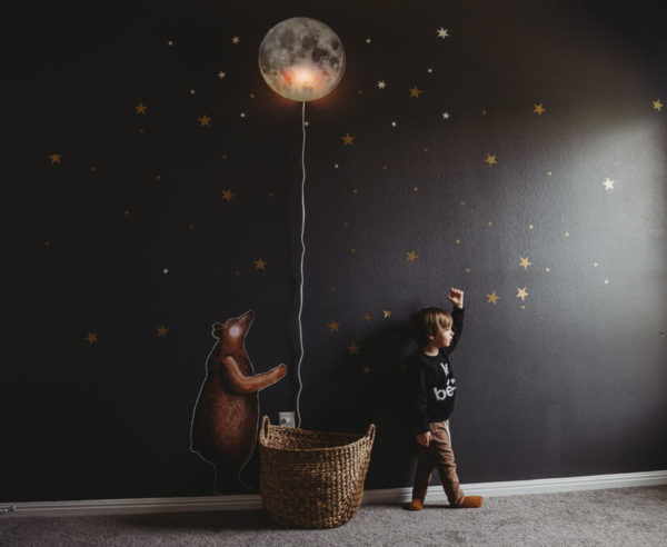 bear sticker toddler bedroom sky space theme montessori style autism mom blog austin texas